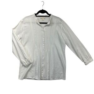 Cynthia Rowley Blouse Women L White Linen Blend Pintuck Roll Tab Sleeve Coastal